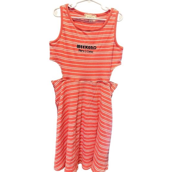 NWOT Btween Girls Girls Coral Stripes Side Cut Out Sleeveless Dress - Size 12 - Picture 2 of 5